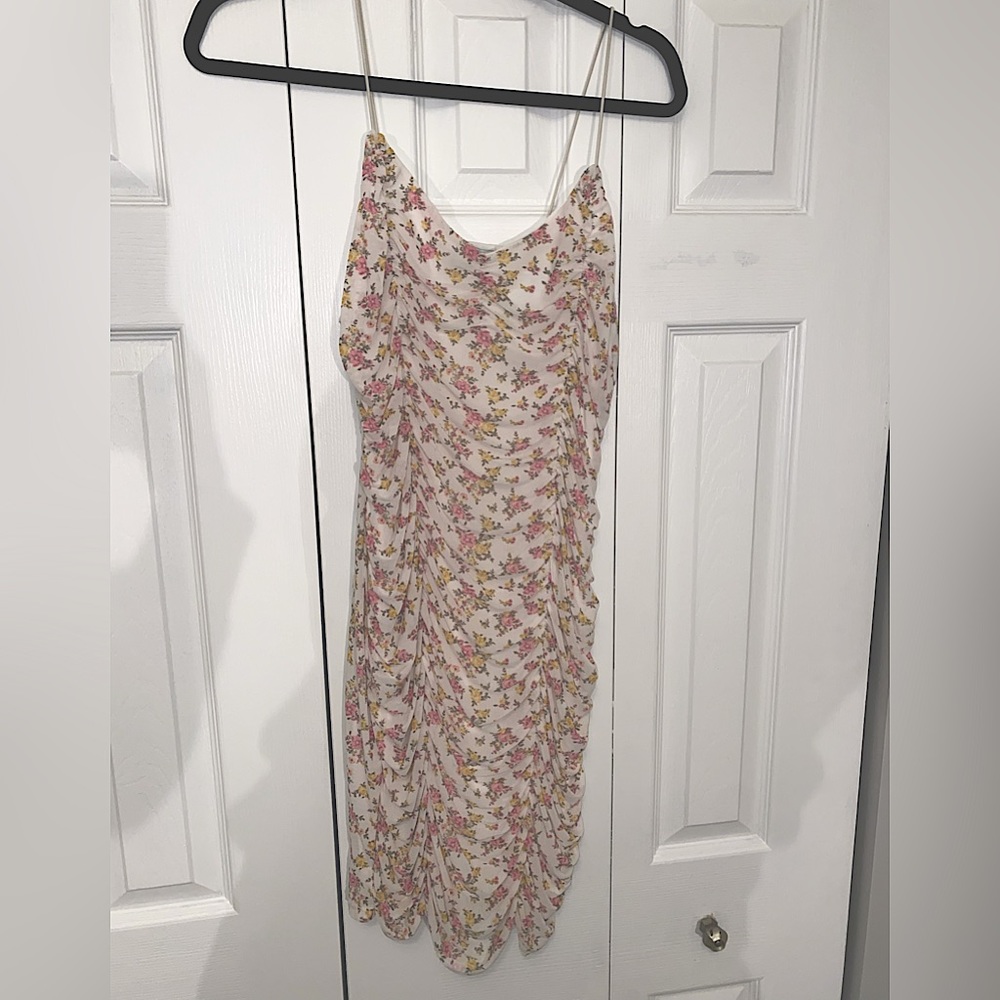 Rushed floral print mini dress with spaghetti straps